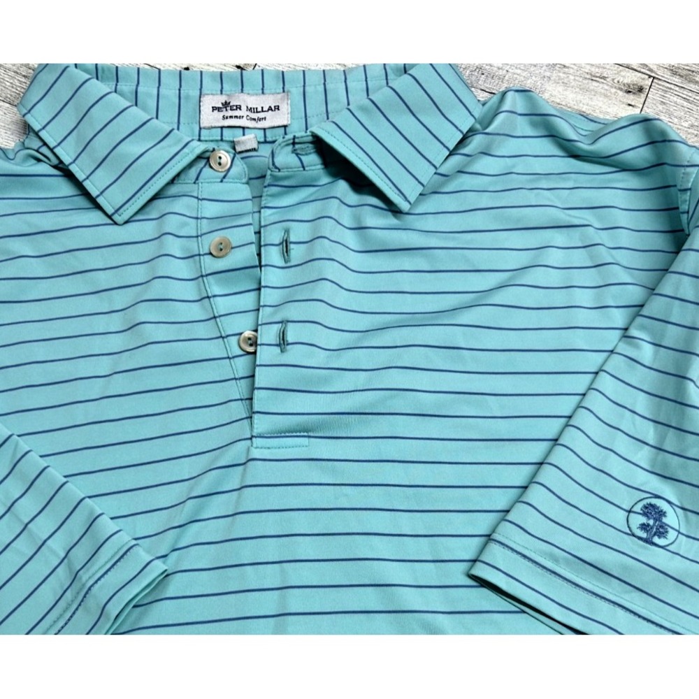 PETER MILLAR GOLF POLO SHIRT XL XLARGE AQUA BLUE STRIPE Summer Comfort Tree Logo